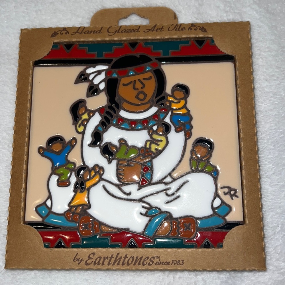 Native Am. “Storyteller”  Hand glazed art tile/trivet/wall decor by earth tone